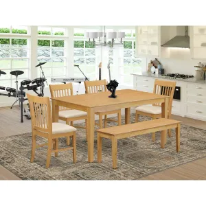 East West Furniture CANO6-OAK-C 6 Piece Kitchen Table & Chairs Set Contains a Rectangle Dining Room Table and 4 Linen Fabric Dining Chairs with a Bench, 36x60 Inch, Oak